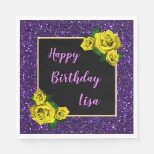 Guardanapo De Papel Aniversário do Glitter Amarelo Roxo Elegante