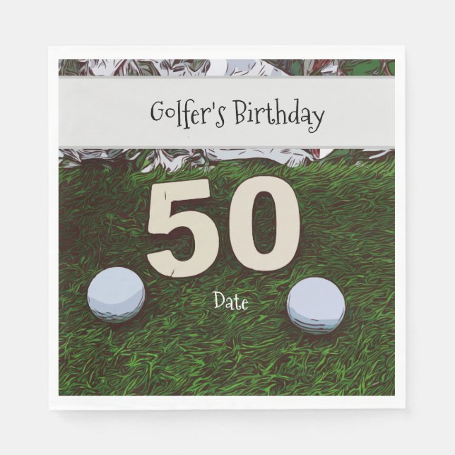 Guardanapo De Papel Aniversário do Golf 50th Golfer com bolas em verde (Frente)