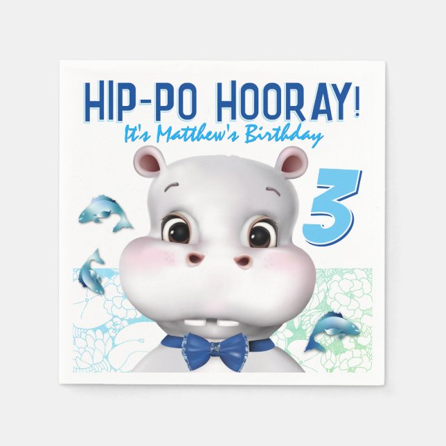 Guardanapo De Papel Aniversário do Menino do Peixe Azul Hipopótamo (Frente)