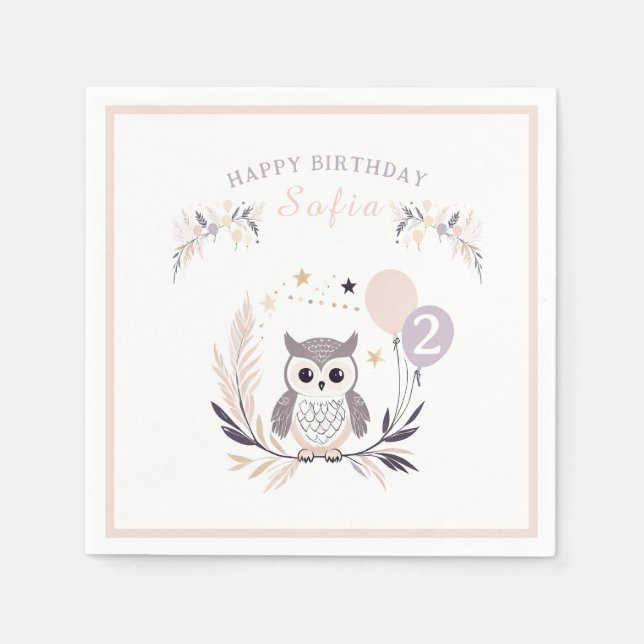 Guardanapo De Papel Aniversário do Pastel Boho Owl e Balões (Frente)