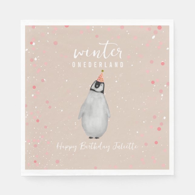 Guardanapo De Papel Aniversário do Pinguim de Aniversário Rosa de inve (Frente)
