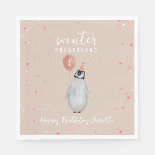 Guardanapo De Papel Aniversário do Pinguim-do-Balão-Rosa-Onederland In