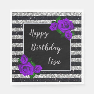 Guardanapo De Papel Aniversário do Rosa Roxo  de Prata Preto