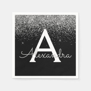 Guardanapo De Papel Aniversário do Silver Black Glitter & Sparkle Mon