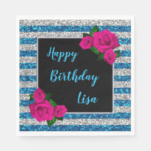 Guardanapo De Papel Aniversário do Silver Blue Glitter Stripes Rosas 