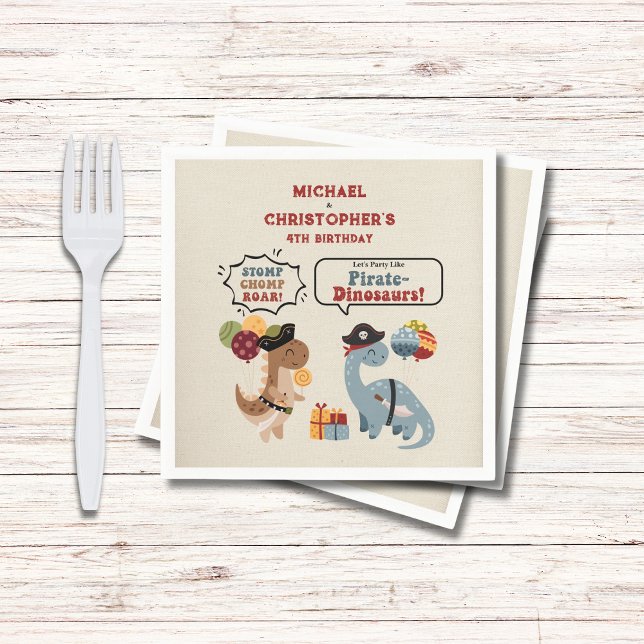 Guardanapo De Papel Aniversário do Twin Boy do Dinossaur Pirata da Cho (Your twin boys will Chomp Stomp Roar with these pirate dinosaurs as they celebrate their birrthday.)