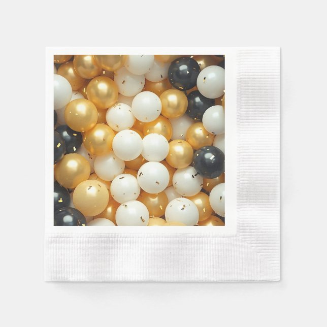 Guardanapo De Papel Aniversário dos Balões Negros e Dourados (Frente)