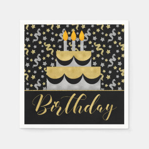 Guardanapo De Papel Aniversário em Dourado e Prata em Preto