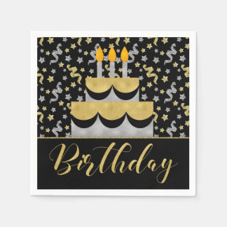 Guardanapo De Papel Aniversário em Dourado e Prata em Preto