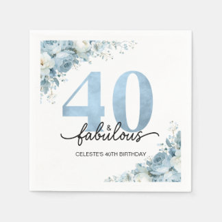 Guardanapo De Papel Aniversário Floral Azul Personalizado 40 e Fabulos