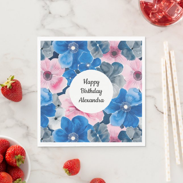 Guardanapo De Papel Aniversário Floral Azul Rosa Chic (Insitu)