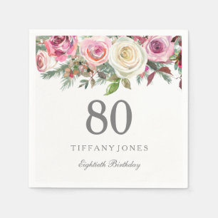 Guardanapo De Papel Aniversário floral branco elegante do 80 do rosa