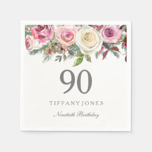 Guardanapo De Papel Aniversário floral branco elegante do 90 do rosa