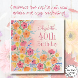 Guardanapo De Papel Aniversário Floral de Cor de Água Personalizável R