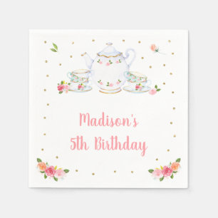 Guardanapo De Papel Aniversário Floral Dourado Rosa do Tea Party