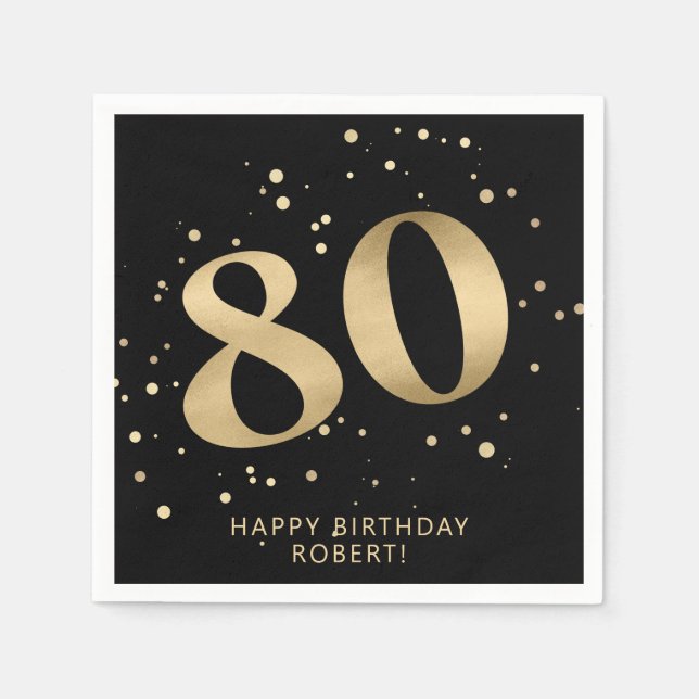 Guardanapo De Papel Aniversário Moderno de 80 Anos | Brilho Preto e Do (Frente)