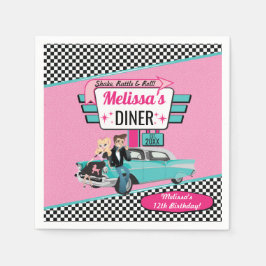 Guardanapo De Papel Aniversário Retro dos Anos 50 em Teal, Rosa no Din