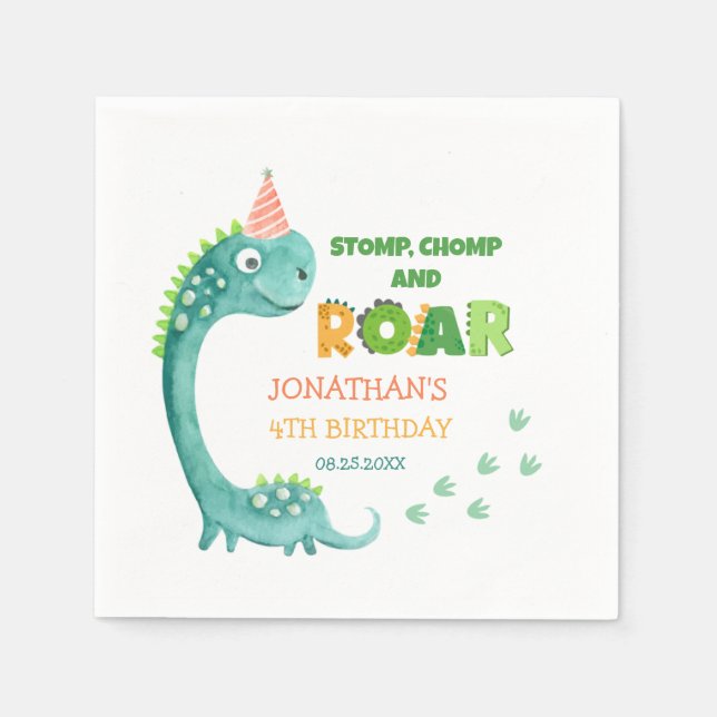 Guardanapo De Papel Aniversário Rugir Mastigar Bater Dinossauro Fofo (Frente)