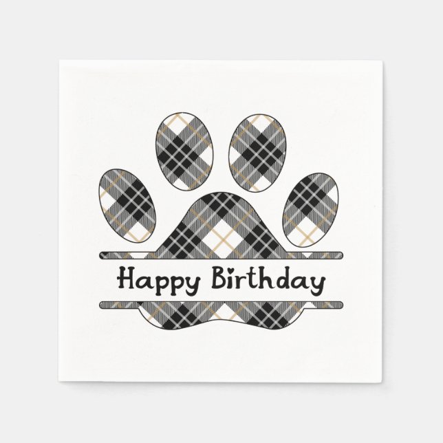 Guardanapo De Papel Aniversário, Tartan Xadrez Paw Imprime A Branco (Frente)
