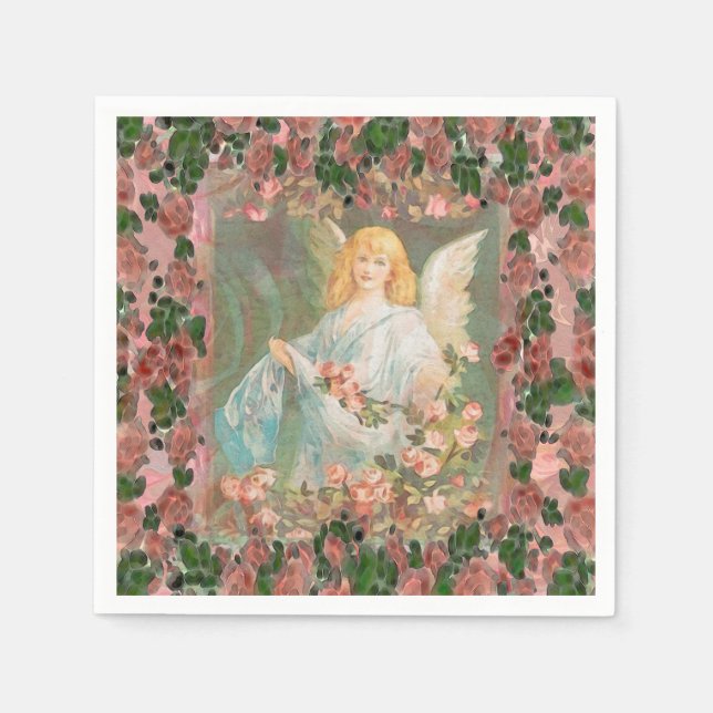 Guardanapo De Papel Anjo Guardião com Rosas Rosa (Frente)