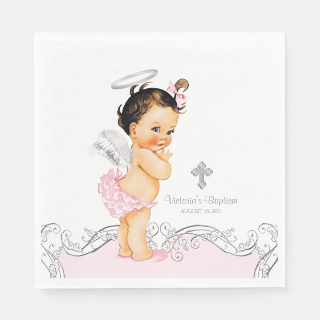 Guardanapo De Papel Anjo Rosa Bebê Menina Batismo Crisma (Frente)