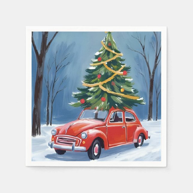 Guardanapo De Papel Antique Red Car Christmas Tree Holiday (Frente)