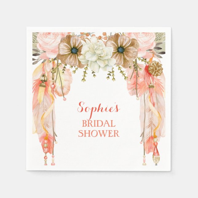 Guardanapo De Papel Apanhador de Sonhos Boho Pena Tribal Coral Rosa (Frente)
