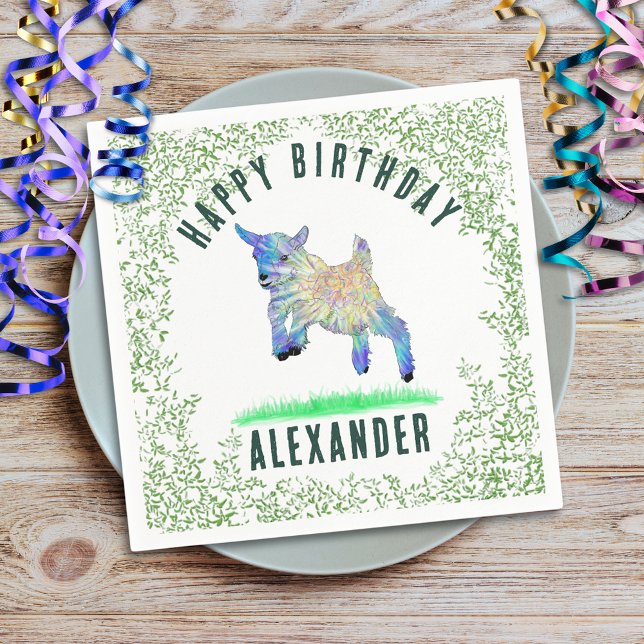 Guardanapo De Papel Apelido de Boat Feliz Aniversário (jumping goat cute farm animal custom name birthday party napkin adorable baby goat and foliage )