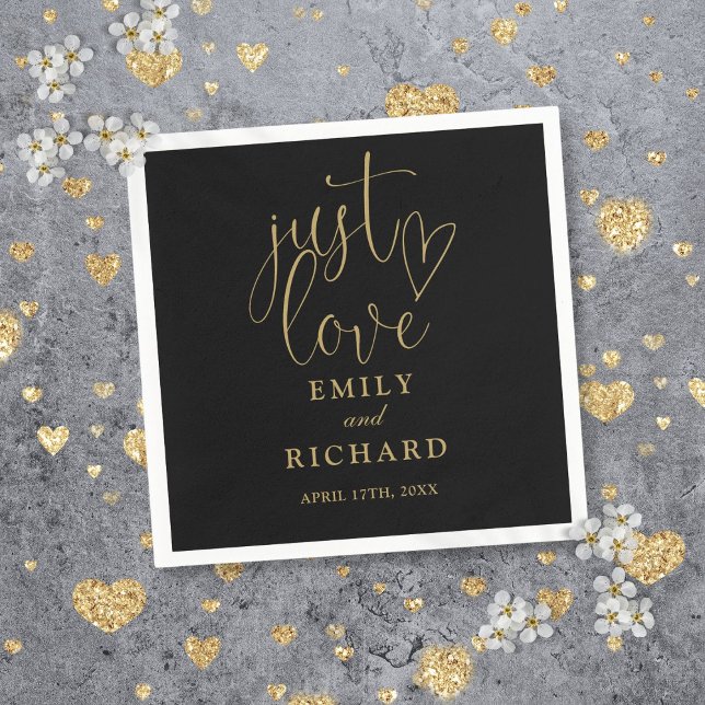 Guardanapo De Papel Apenas Amor Script Elegante Casamento Preto e Dour (Just Love Script Elegant Black And Gold Wedding Napkins)