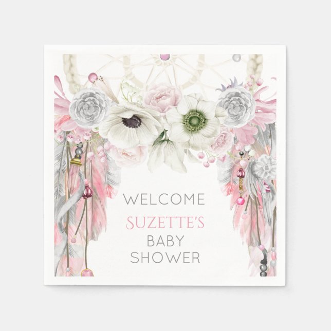 Guardanapo De Papel Apoiador de Sonhos Pink Gray Ivory com Penas (Frente)