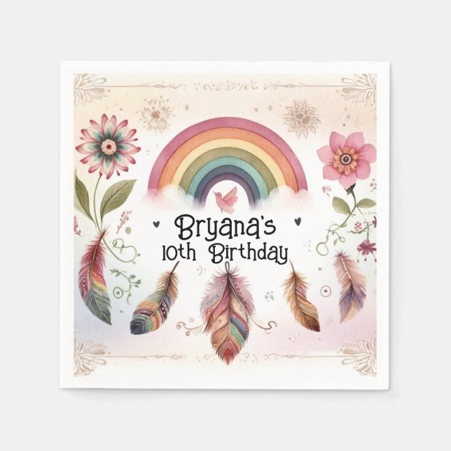 Guardanapo De Papel Aquarela Arco-íris Pássaro & Penas Boho Aniversári (Frente)