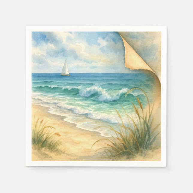 Guardanapo De Papel Aquarela de Praia e Barco à Vela (Frente)