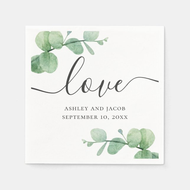 Guardanapo De Papel Aquarela eucalipto. Casamento de letra elegante (Frente)