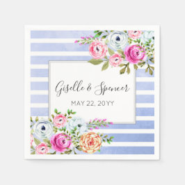 Guardanapo De Papel Aquarela Floral Moderna com Listras Azuis para Cas
