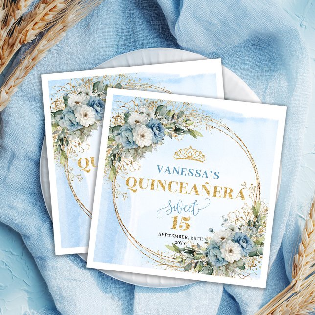 Guardanapo De Papel Aquarela Flores Azul Pastel Verde Dourado  (Watercolor Pastel Blue Flowers Greenery Gold Napkins)
