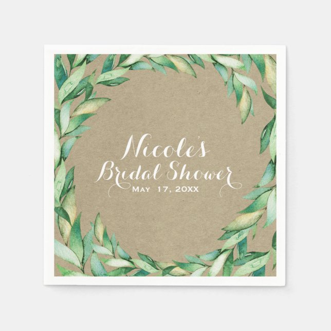 Guardanapo De Papel Aquarela Folhas Verdes Casamento Rústico Kraft (Frente)