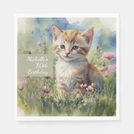 Guardanapo De Papel Aquarela Gato Prado Flores 80º Aniversário