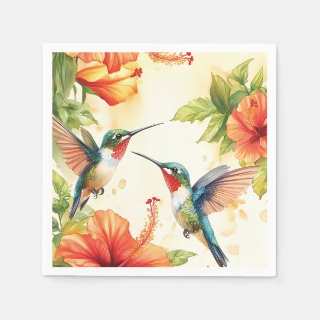 Guardanapo De Papel Aquarela Hummingbird e Flores Design (Frente)