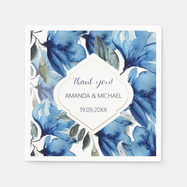 Guardanapo De Papel Aquarela Moderna Floral Azul Índigo (Frente)