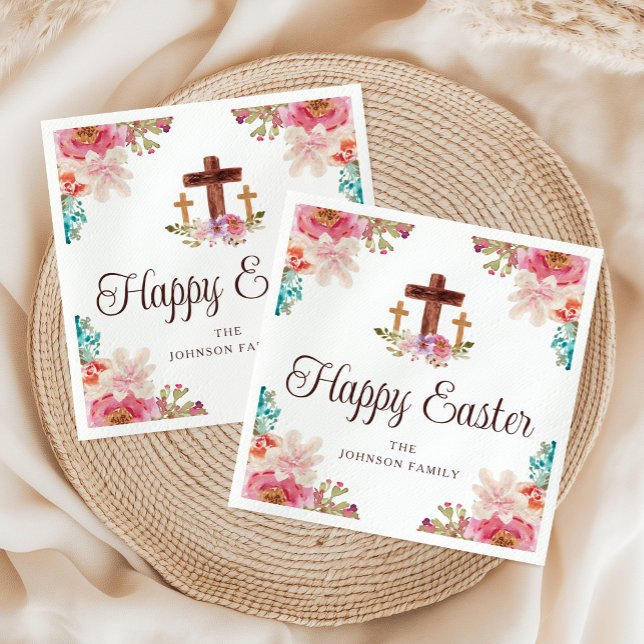 Guardanapo De Papel Aquarela Religiosa Cruzada de felz pascoa (Happy Easter Religious Cross Floral Watercolor Napkins)