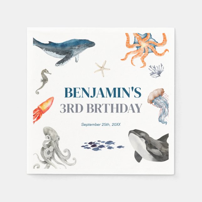 Guardanapo De Papel Aquarela sob a Festa de aniversário do mar (Frente)
