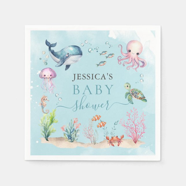 Guardanapo De Papel Aquarela Sob O Chá de fraldas De Animais Do Oceano (Frente)