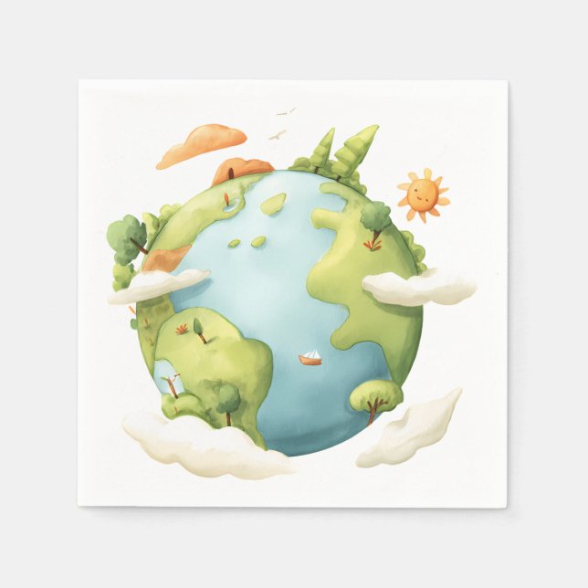 Guardanapo De Papel Aquarela Terra - Cartoon Terra com Elemen Natureza (Frente)