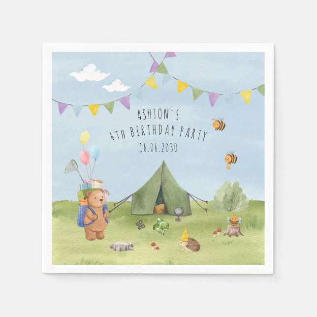 Guardanapo De Papel Aquarela Urso de Teddy, Aventura aniversário (Frente)