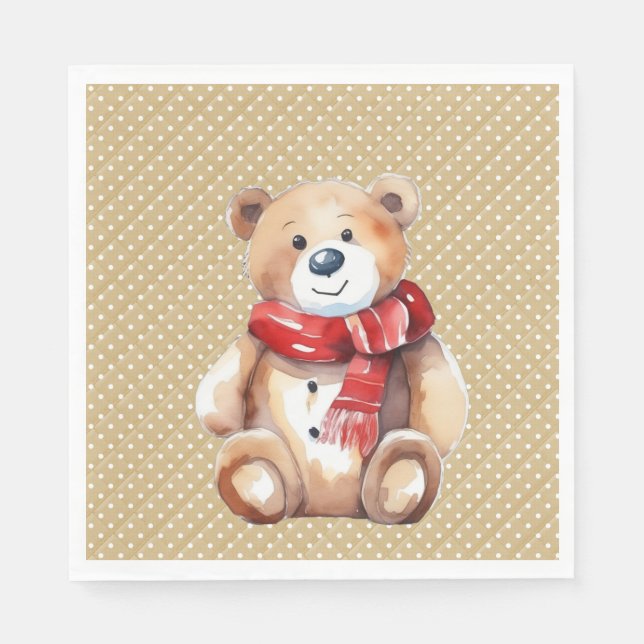 Guardanapo De Papel Aquarela Urso De Teddy De Inverno Nas Bolinhas (Frente)