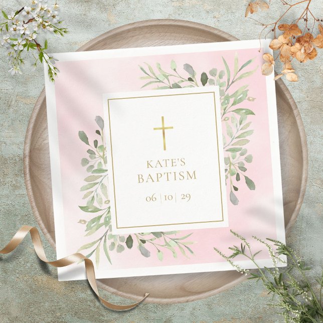 Guardanapo De Papel Aquarela Verde Rosa Batismo Rosa Cinzento Natal (Watercolour Greenery Pink Baptism Christening Napkins)