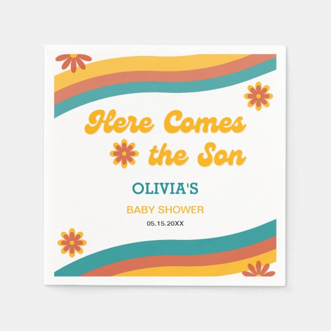 Guardanapo De Papel Aqui vem a Festa do Chá de fraldas do Filho Retro  (Frente)