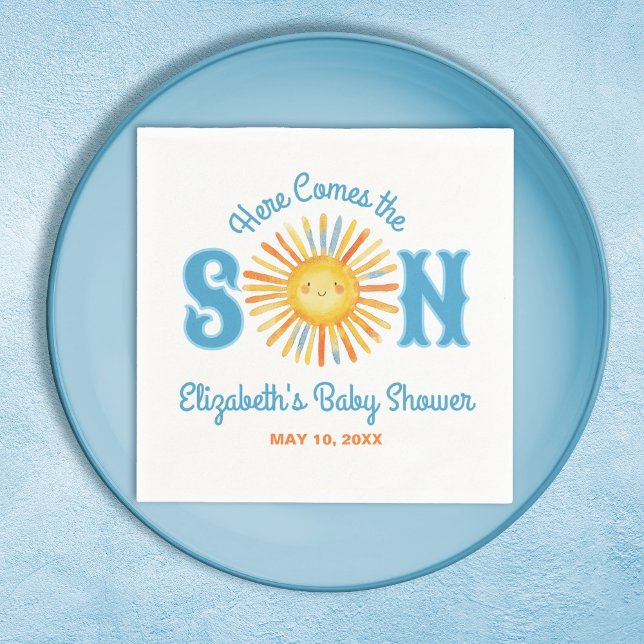 Guardanapo De Papel Aqui vem o Chá de fraldas do Sol Filho (Here Comes the Son baby shower party napkin, Personalize it with your name and date.)