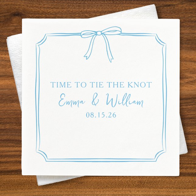 Guardanapo De Papel arco Clássico "Tie The Knot" Casamento Chic Azul C (Minimalist 'Time to Tie the Knot' wedding napkins featuring a delicate bow and custom text in blue.)