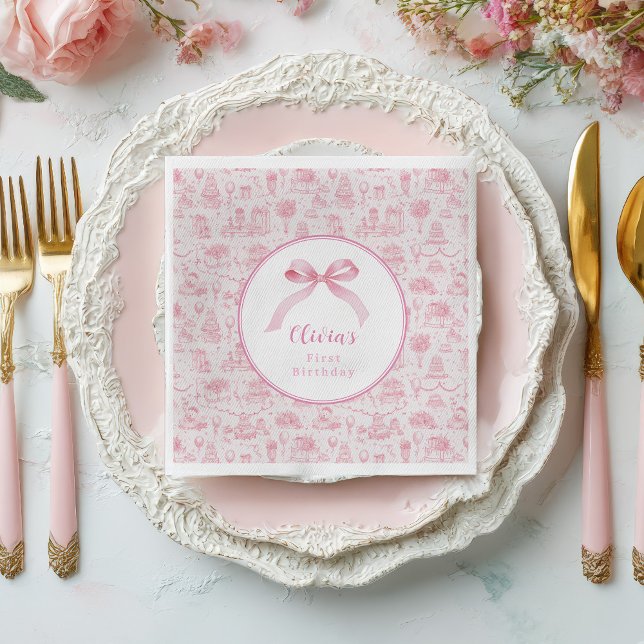 Guardanapo De Papel Arco de Coquetes Rosa (pink coquette 1st birthday  for baby girl with ribbon)